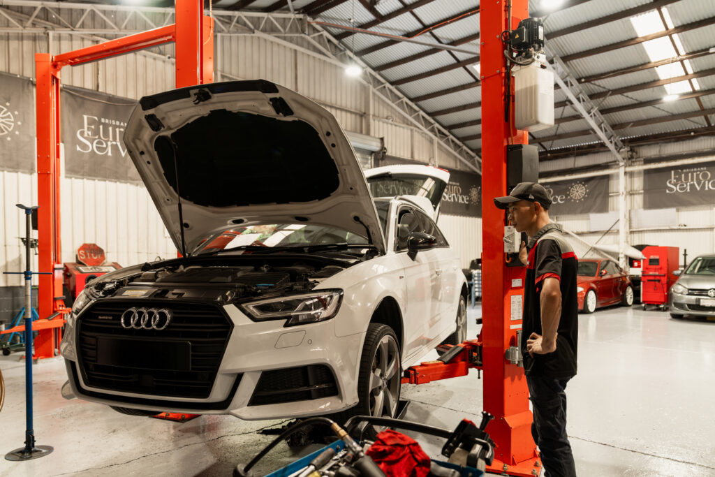 Certified technician providing Audi service in Brisbane on a Q5 at LeMans Motors